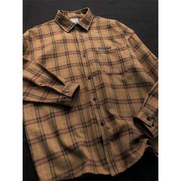 寬松慵懶風格子襯衫男秋冬痞帥風磨毛咖色休閑襯衣女外套薄款上衣