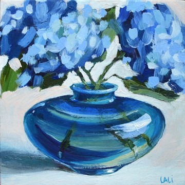 藍色繡球花原創油畫 13x13cm 花卉靜物繡球花