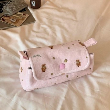 🐘小象潮玩🐘原創薄粉色小熊三層收納包可愛拉鍊大容量化妝包便攜化妝刷包筆袋