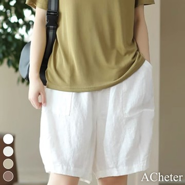 【ACheter】復古棉麻感休閒短褲鬆緊高腰顯瘦闊腿百搭寬鬆純色口袋五分褲# 118333 (現貨+預購)