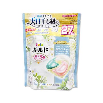 日本P&G-Bold強洗淨4合1柔軟消臭香氛洗衣球27顆/綠袋-白茶鈴蘭香(室內晾曬防臭補充包,祛黃潔白濃縮膠囊,1粒究極)
