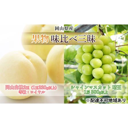 ふるさと納税 桃 ぶどう 2024年 先行予約 果物 味比べ三昧 岡山 白桃 2玉 等級：ロイヤル（1玉220g以上） シャイン マスカット 晴王 1房 380g.. 岡山県瀬戸内市