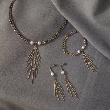 【 優惠套組 】黃銅魚骨珍珠系列 / 項鍊+手鍊+耳環
