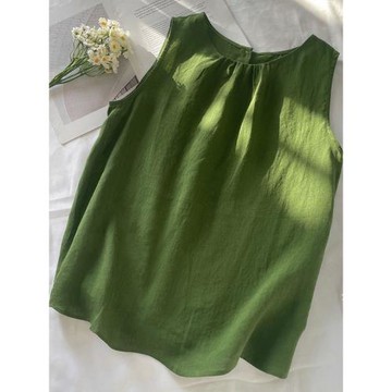 日系復古綠色亞麻背心女2025夏百搭休閑寬松顯瘦圓領棉麻無袖上衣