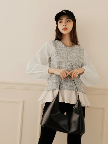 假兩件小香風毛呢拼接荷葉下襬澎袖上衣