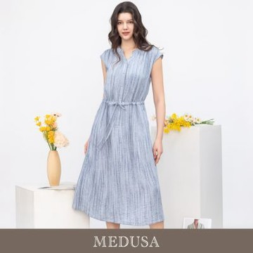 現貨【MEDUSA 曼度莎】水藍細紋嫘縈休閒洋裝（M-XL）｜條紋洋裝 休閒穿搭 度假洋裝