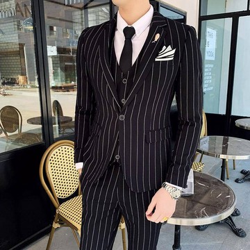 【型男紳裝】韓國紳士 單排扣 平駁領 條紋 西裝三件套 經典挺拔帥氣歐巴 商務通勤 時尚修身西裝套裝