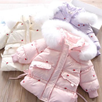 冬季新款女童百搭可愛風加絨加厚櫻桃繡花亮皮毛帽子棉衣棉襖