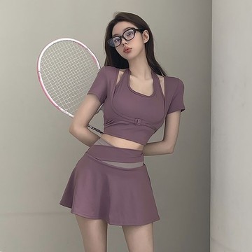 台灣出貨 瑜伽服套裝速幹跑步套裝女晨跑褲裙假兩件跳舞服裝夏季運動套裝女
