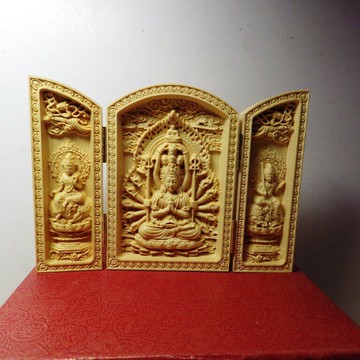 精品隨身三合一佛龕 黃楊木千手觀音木雕佛像***盒子7公分*2.55公分*10公分.全開14.5公分