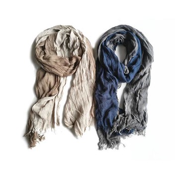 日系春秋小尺寸褶皺圍巾 男女卡其藍拼色文藝休閑百搭柔軟紗巾