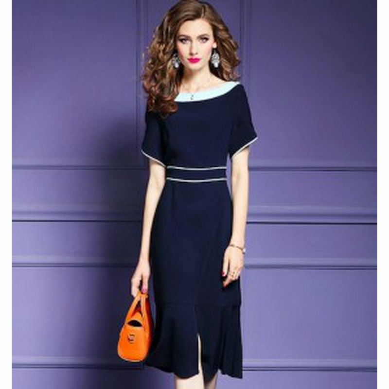 ワンピース ネイビーブルー ひざ下丈 半袖 エレガント スリット デート 女子会 お呼ばれ 代 30代 40代 春夏 通販 Lineポイント最大1 0 Get Lineショッピング