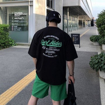 特大碼300斤學院風潮英文前後印花落肩短袖T恤衫男女寬鬆休閒上衣