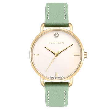 鑽石 棕櫚綠色皮帶 簡約36mm手錶 | 玫瑰金/金/銀