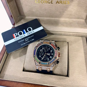 (2色可選)(Little bee小蜜蜂精品)POLO GEORGE ARIES 石英款 真三眼彩鑽八角橡膠錶