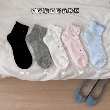 两件9.9折🔥臺灣出貨🔥可開發票✅暗紋波點木耳邊~甜美小花襪子女夏薄款透氣網眼淺色系少女短筒襪