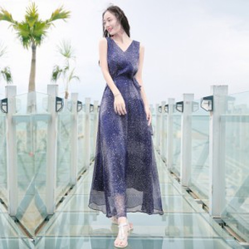 リゾートワンピース シフォンロング丈 Vネック ノースリーブ 星柄 Aライン 細見え ウエストリボン 透け感 青 ワンピース 春 通販 Lineポイント最大1 0 Get Lineショッピング