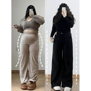 【WYZ】大尺碼梨形身材褲子女秋季高腰寬鬆顯瘦直筒褲胖mm黑色闊腿牛仔褲女