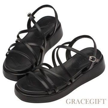 【Grace Gift】慵懶生活交叉細帶雲感厚底涼鞋 黑