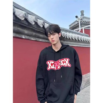 美式高街愛心拼圖印花連帽衛衣男寬松情侶裝秋季外套ins休閑帽衫