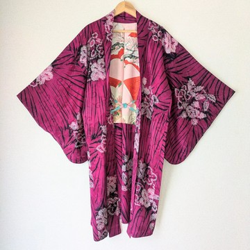 日本復古羽織 正絹 銘仙 紅紫 洋紅 絞染 古布 民藝 時代布 孤品 大正浪漫 和洋混搭
