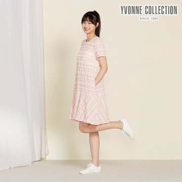 YVONNE 以旺傢飾 皺皺條拼接短袖洋裝-貝殼粉