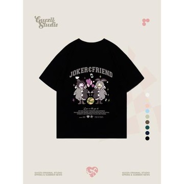 Guozii 美式復古黑色短袖t恤女美潮寬松oversize純棉百搭休閑上衣