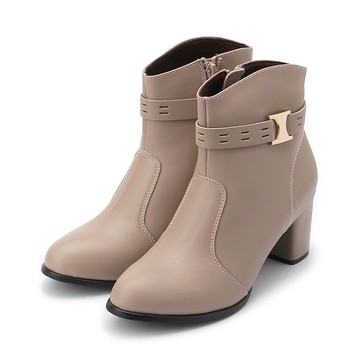 LUZZI 側金釦拉鍊跟靴 卡其 女鞋