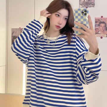 條紋衛衣女設計感小眾中長款寬松2021年秋冬季新款慵懶風圓領上衣