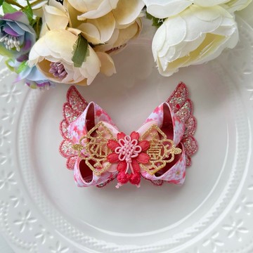 古風多層次蝴蝶結夜光翅膀兒童髮夾-如意粉紅色