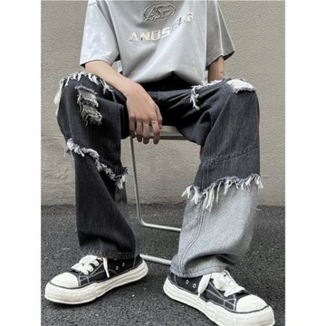 潮牌痞帥破洞牛仔褲男復古美式潮流拼接毛邊寬松bf休閑闊腿老爹褲