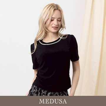 現貨【MEDUSA 曼度莎】方鑽領口優雅短袖上衣（M-2L）｜女短袖上衣 珠飾上衣
