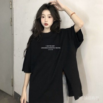 新品免運🎇.韓版bf純棉重磅遮肚子潮開叉款氣質短袖T恤寬鬆中長款夏季上衣