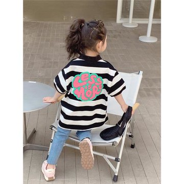 女童純棉Polo衫2025夏裝韓國兒童大童夏季中長款條紋T恤洋氣上衣