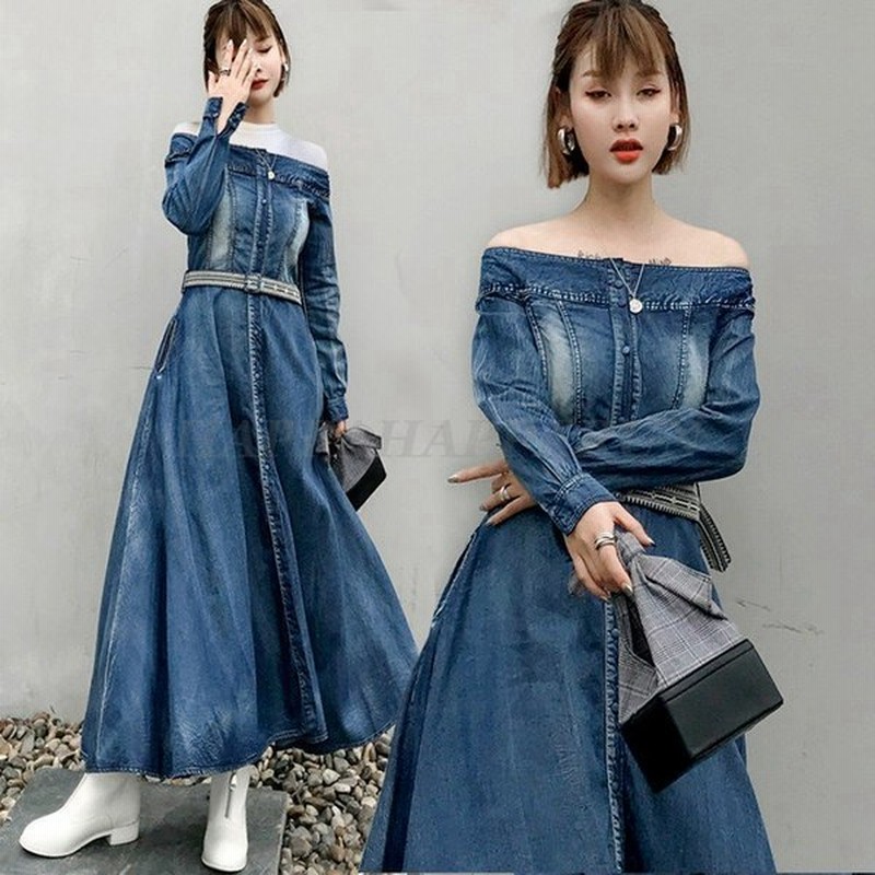 オフショルダー マキシワンピース デニム ワンピース 超ロング レディース ワンピース カジュアル 刺繍 ベルト 長袖 華奢見え 大きいサイズ ウエストマーク 通販 Lineポイント最大get Lineショッピング