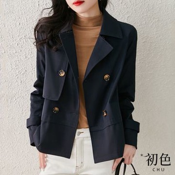 初色 英倫風收腰雙排扣短款風衣翻領外套-藏青色-30700(M-2XL可選)