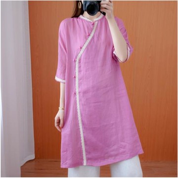 夏季寬松大碼復古中國風改良旗袍氣質斜襟開衫連衣裙茶服女中長款