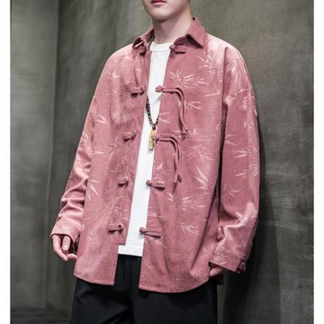 唐裝男春秋季中國風男裝寬松青年中山裝燈芯絨新中式盤扣襯衫外套