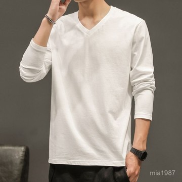 男士長袖T恤V領純色上衣服體桖情侶裝純棉打底衫春季男裝潮流秋衣 9IEX