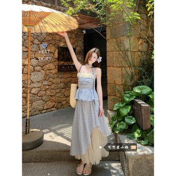 法式修身顯瘦格子吊帶網紗拼接不規則半身裙女2026春季新款兩件套