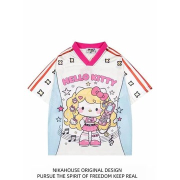 🚀賣場新款🚀 可愛hellokitty印花運動男女同款v領短袖T恤女寬鬆速幹球衣夏