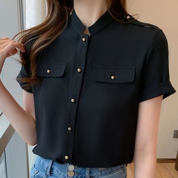 職業雪紡襯衫女設計感小眾黑色上衣2025年新款氣質港風短袖上衣夏