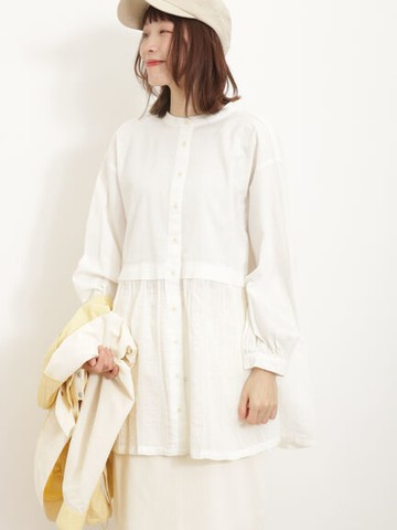 棉麻混紡異材質拼接分層圓領長版襯衫(FB41L0G0380) - Samansa Mos2