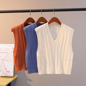 春秋款短款v領背心女學院風無袖毛衣純色修身馬甲麻花針織衫馬夾