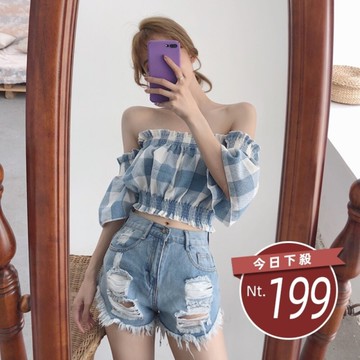 【台灣發貨】韓版一字肩喇叭袖露肩格子短袖上衣 衣服 女裝 t恤 短袖t恤 上衣【T203】