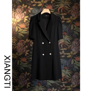 XT西裝連衣裙女夏季新款黑色2025赫本風泡泡袖裙子質感高級感垂感