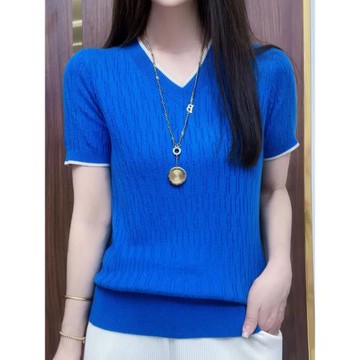 撞色V領短袖針織衫女夏季新款2025年洋氣寬松顯瘦透氣媽媽裝上衣