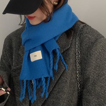 韓版純色針織毛線圍巾女秋冬季加厚保暖學生圍脖百搭流蘇春秋藍色