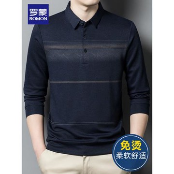 羅蒙長袖t恤男中老年抗皺免燙翻領上衣春秋新款爸爸裝休閑polo衫