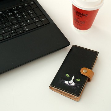 相容於所有型號智慧型手機保護殼【刺繡黑貓】真皮貓 iPhone Galaxy Xperia A113I